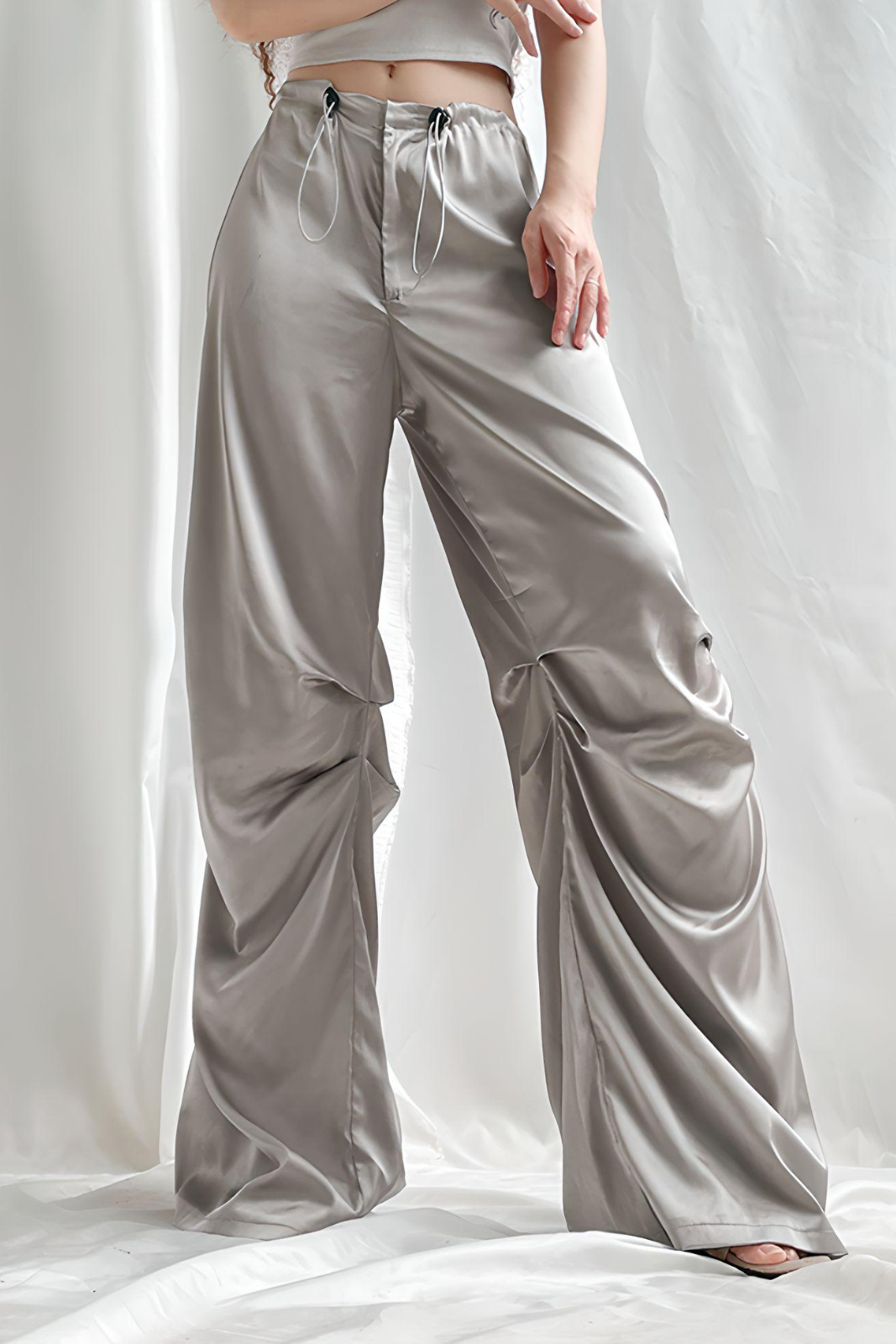 Satin Drawstring Pants - Silver – Double Standard